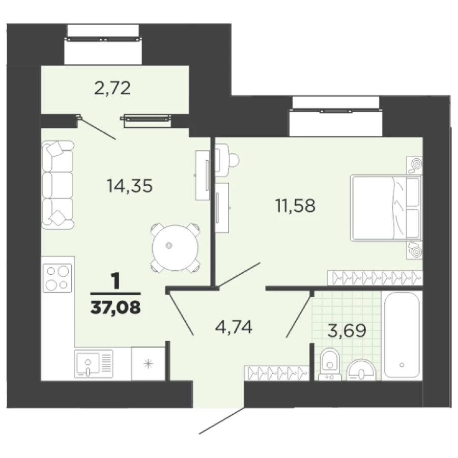 1-ая квартира 37.08 м2 с просторной кухней
